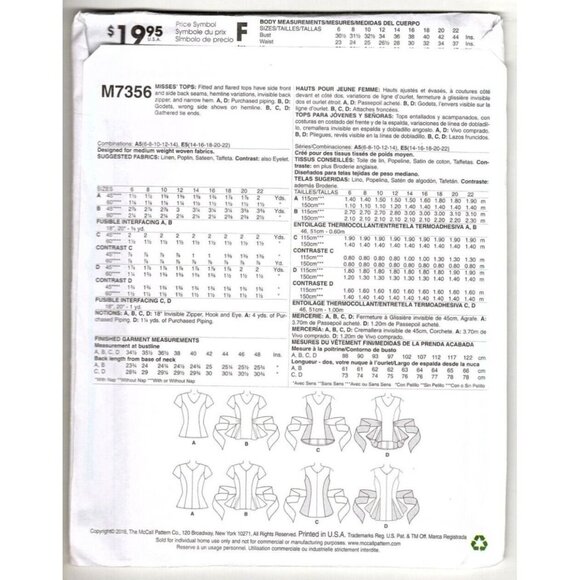 McCall's M7356 Misses 6 to 14 Peplum Top Uncut Sewing Pattern 2016 - Picture 2 of 2